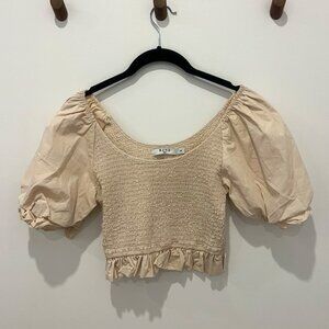 NA-KD Puff-Sleeve Smocked Crop Top, Cream Size 36